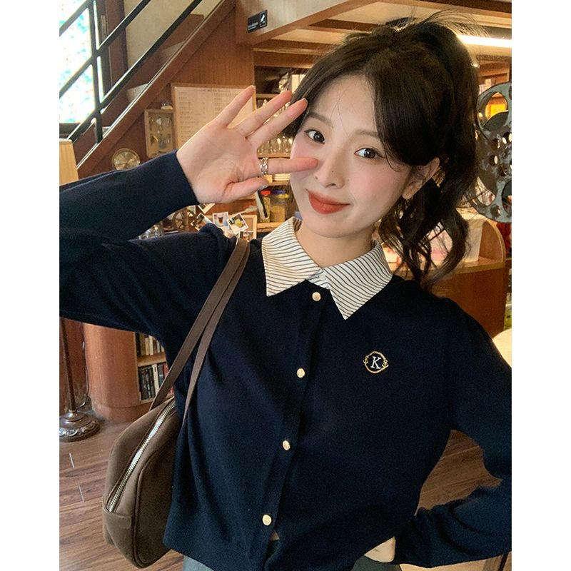 Áo cardigan mùa thu mix cổ sơ mi liền phong cách Hàn Quốc