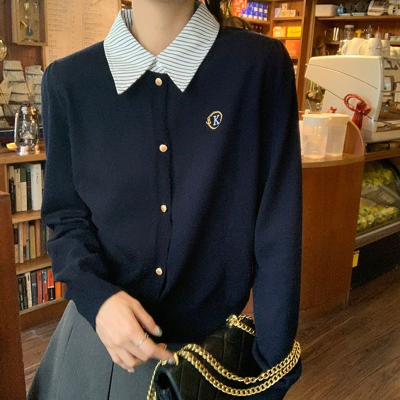 Áo cardigan mùa thu mix cổ sơ mi liền phong cách Hàn Quốc