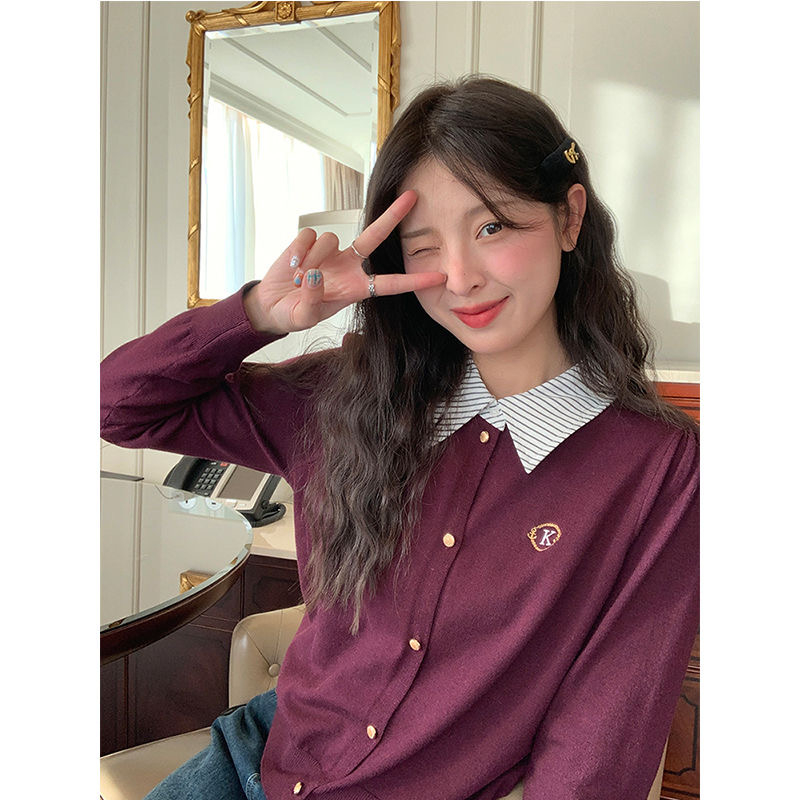 Áo cardigan mùa thu mix cổ sơ mi liền phong cách Hàn Quốc