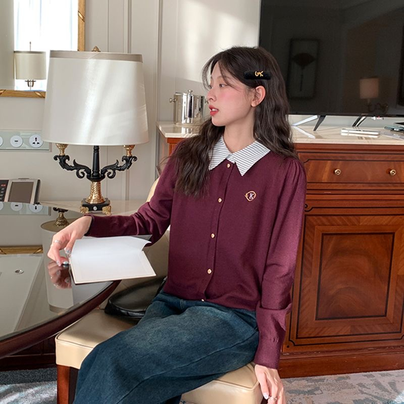 Áo cardigan mùa thu mix cổ sơ mi liền phong cách Hàn Quốc