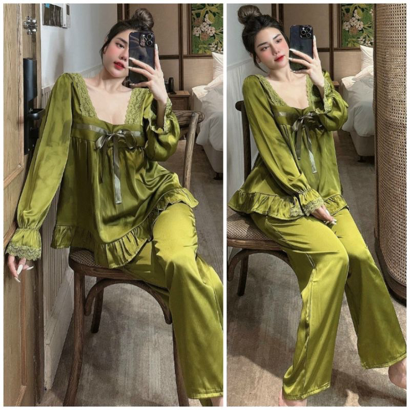 Bộ pyjama mặc nhà tay dài quần dài cổ vuông phối ren lụa xước ánh kim freesize 40-60kg - CHUN'S SLEEPWEAR