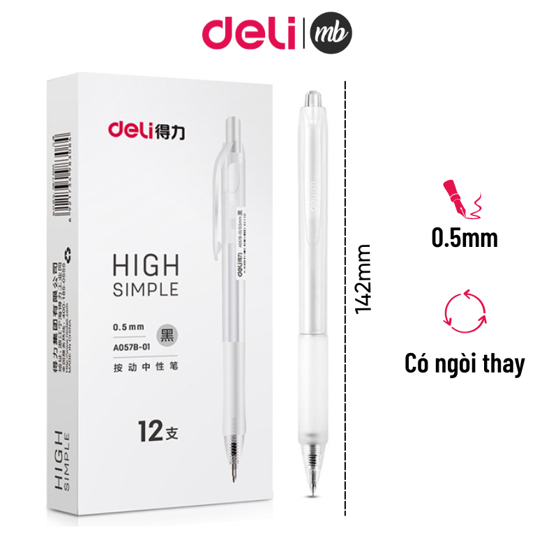Bút Bi Gel Đen Deli A057B-01 Ngòi 0.5mm Vỏ Trong Suốt