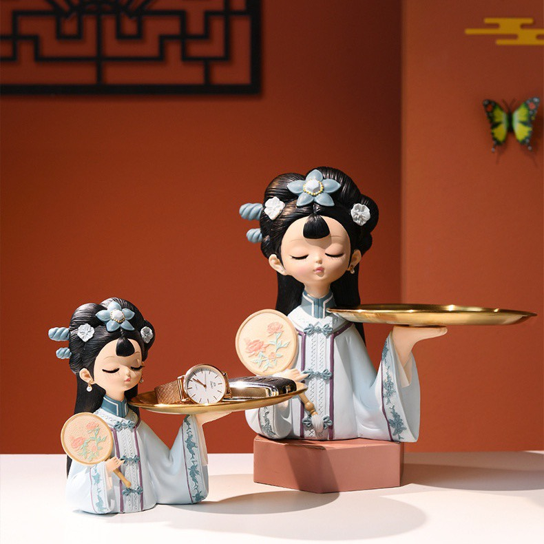 Tô Tượng Thạch Cao Cô Gái Trung Hoa Size Trung - Tượng Tô Màu Cho Bé Tặng 1 Tượng Nhỏ Dễ Thương - Bảo Bình Decor