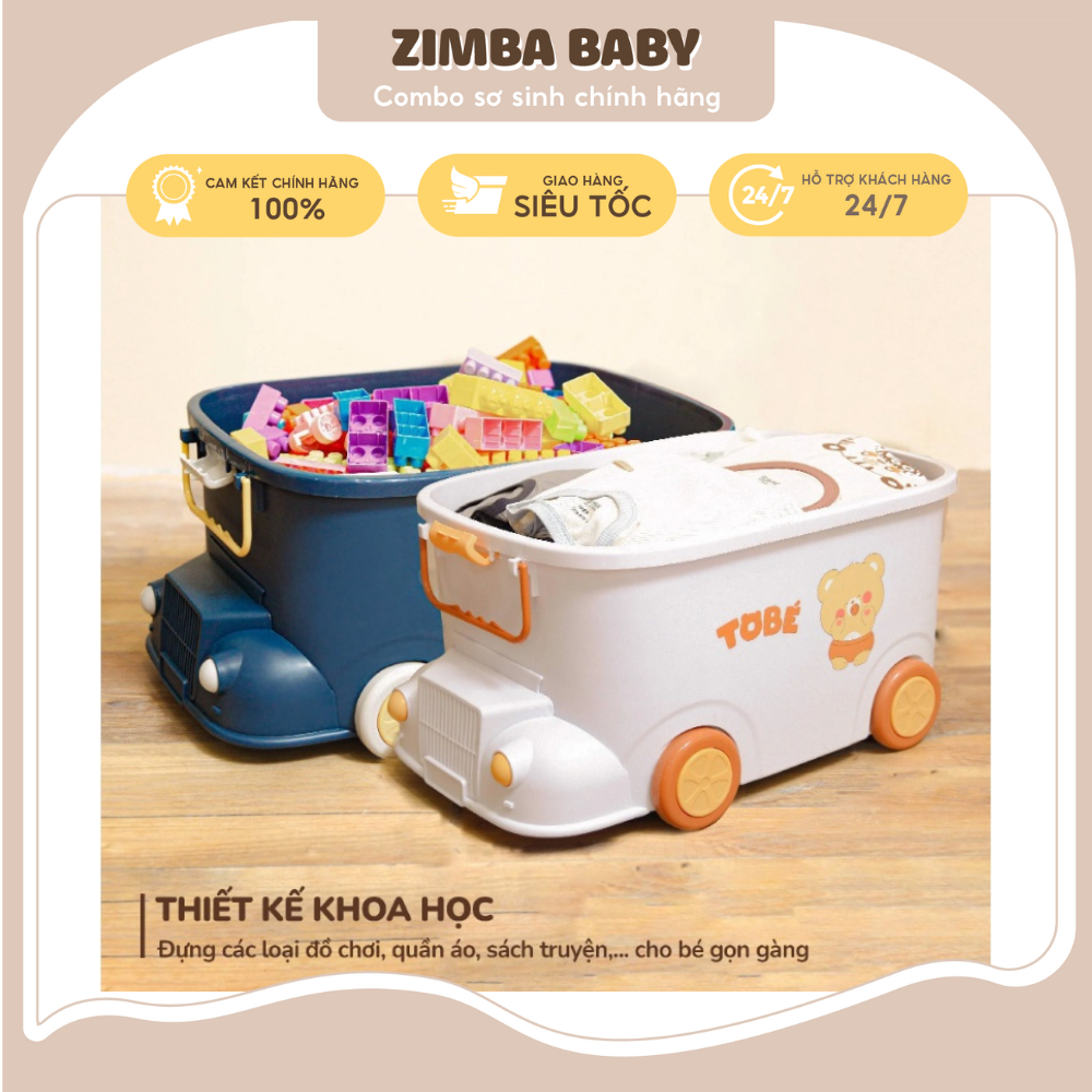 Thùng Đựng Đồ Chơi Có Bánh Xe Cho Bé Tobé MS 0109 Hình Ô Tô Ngộ Nghĩnh, Đáng Yêu Có Nắp Đậy Tiện Lợi