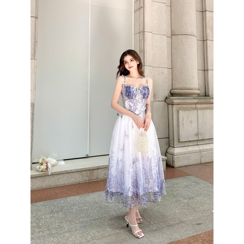 Đầm xoè voan hoa có lót bra siêu xinh - Free size dưới 54kg