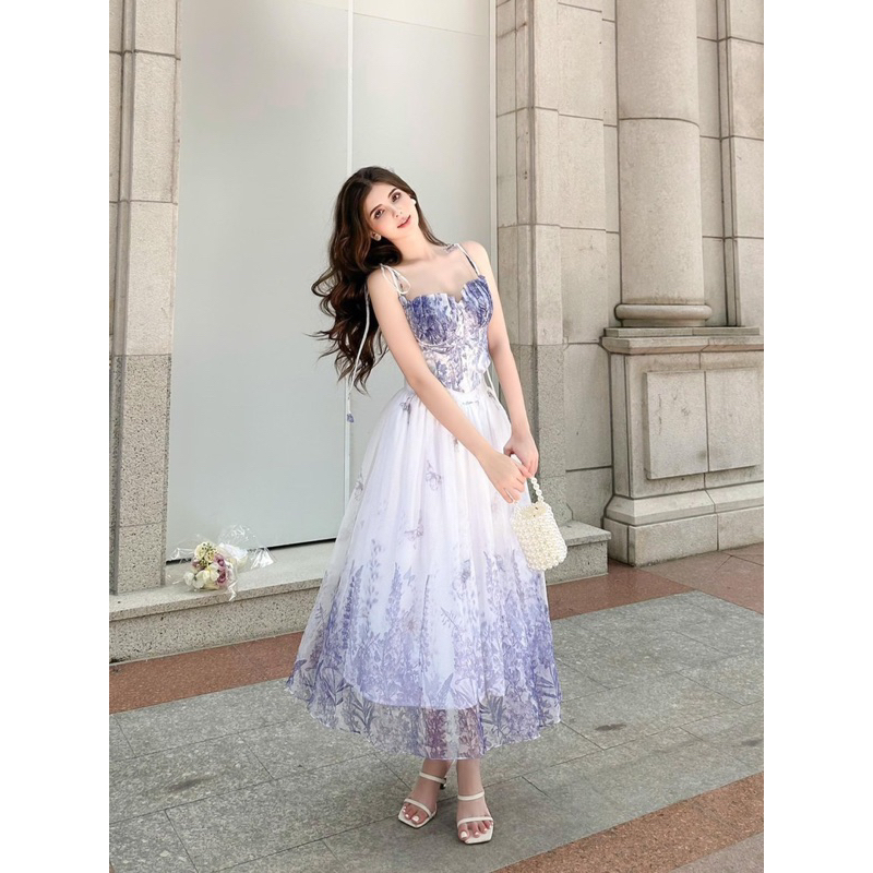 Đầm xoè voan hoa có lót bra siêu xinh - Free size dưới 54kg