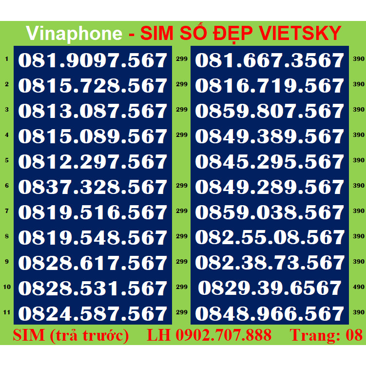 SIM SỐ ĐẸP vina -TR8 - Dễ Nhớ - Phong Thuỷ - Cặp gánh *** SIM Vina được nhiều người yêu thích