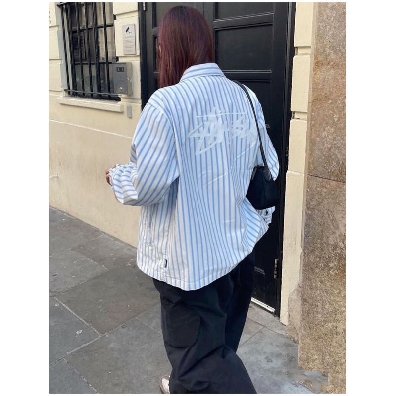 STUSSY SHIRT - Áo sơ mi kẻ xanh dài tay Big logo unisex