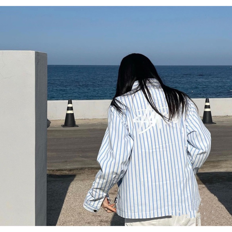 STUSSY SHIRT - Áo sơ mi kẻ xanh dài tay Big logo unisex
