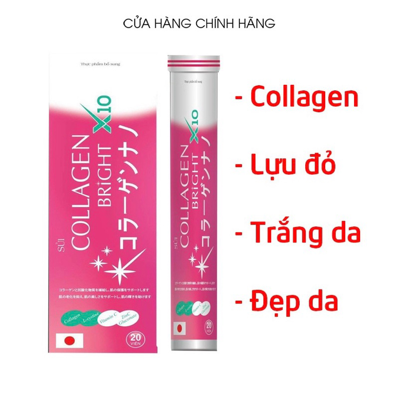 Sủi collagen bright x10 lựu đỏ, cam vàng giúp đẹp sáng da, trắng da toàn thân - 20 viên (Sủi Collagen Bright X10)