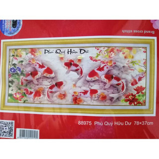 tranh thêu chữ thập cá chép hoa sen kt 93x52cm 88975 88997 222999