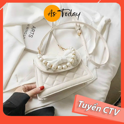Túi đeo chéo Túi cầm tay hàng quảng châu chuỗi ngọc nơ cao cấp đẹp siêu hot Trắng Đen 20cm Astoday