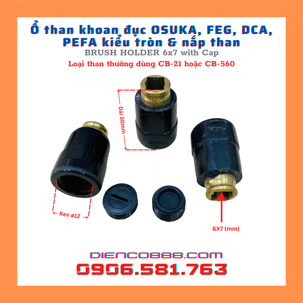 (1 cặp) ổ than khoan đục OSUKA - Dùng than CB-21 hoặc CB-560 (Brush Holder 6X7)