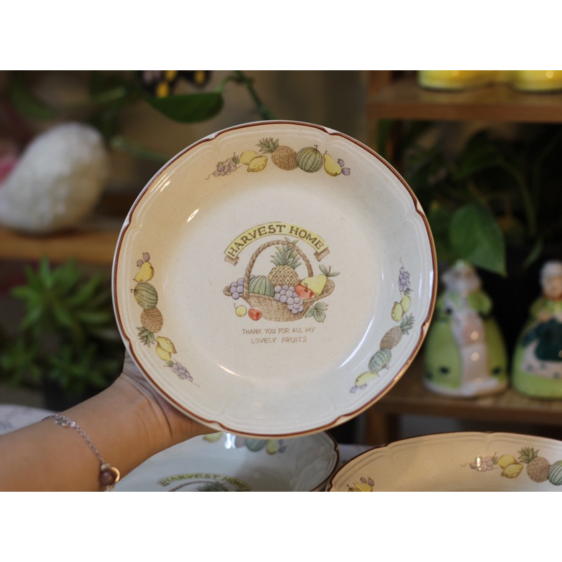 Dĩa gốm sâu lòng, men tiêu hoạ tiết giỏ trái cây Vintage