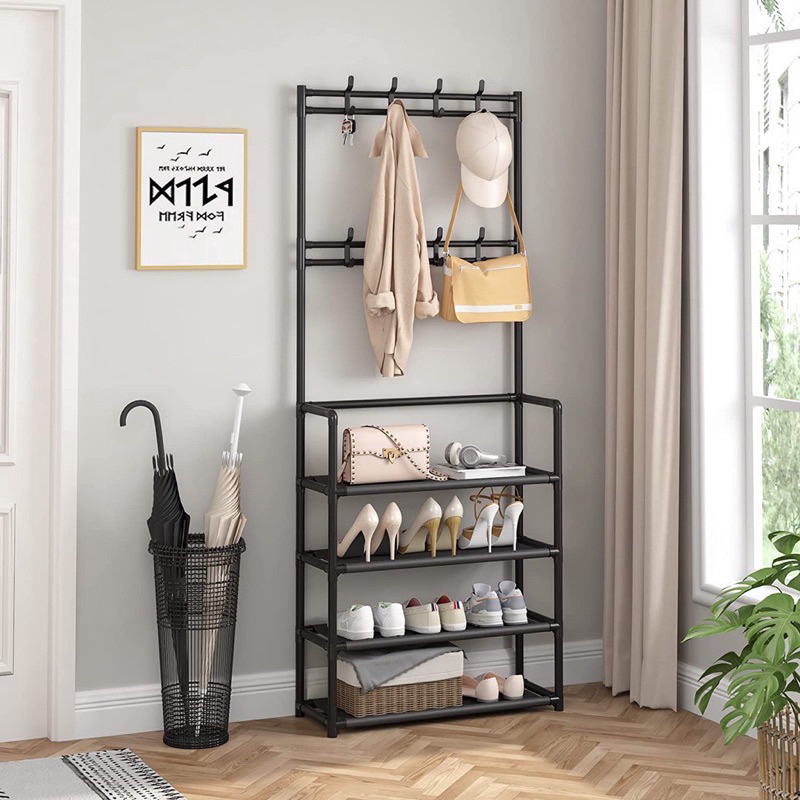 Kệ nhựa để giày dép | kệ đựng giày thông minh đa năng chữ L 4 tầng thông minh có móc treo quần áo và đồ dụng khác