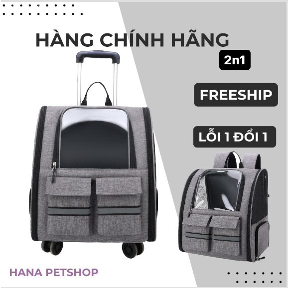 Balo cho mèo, vali du lịch cho chó mèo có bánh xe đẩy, thiết kế 2n1