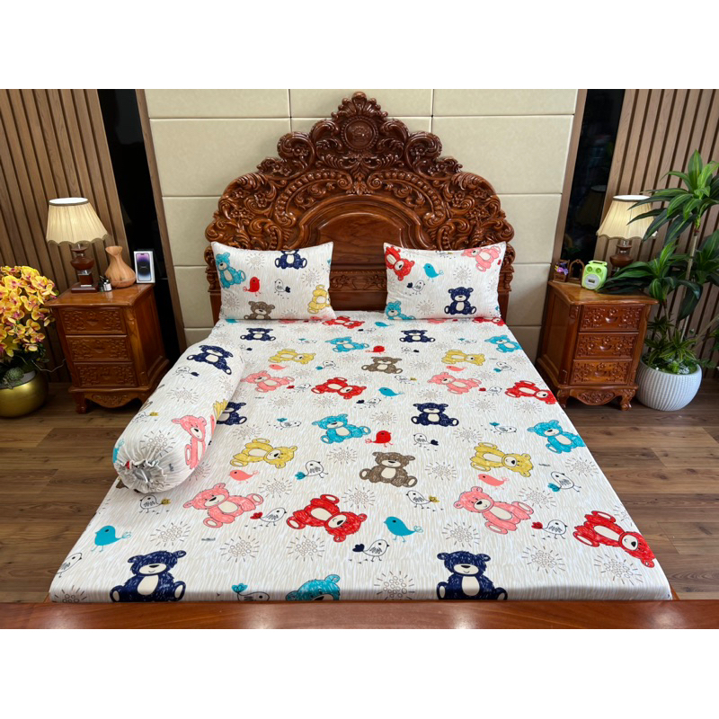 Bộ ga gối thun hàn quốc Gấu sắc màu siêu hot, nhận may đủ kích thước