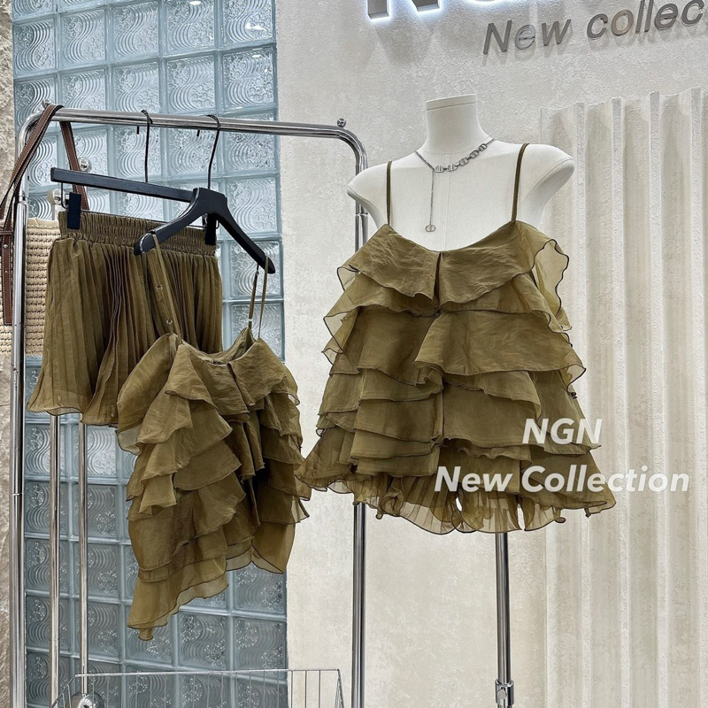 Sét áo hai dây tơ nhiều tầng + quần xếp li