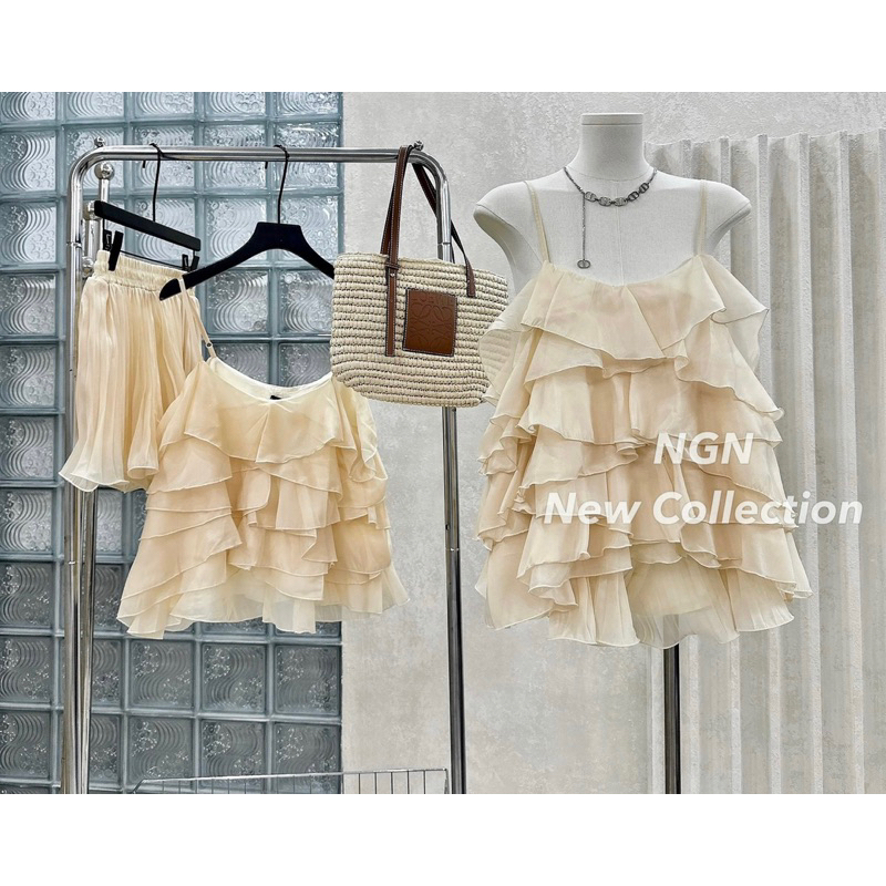 Sét áo hai dây tơ nhiều tầng + quần xếp li