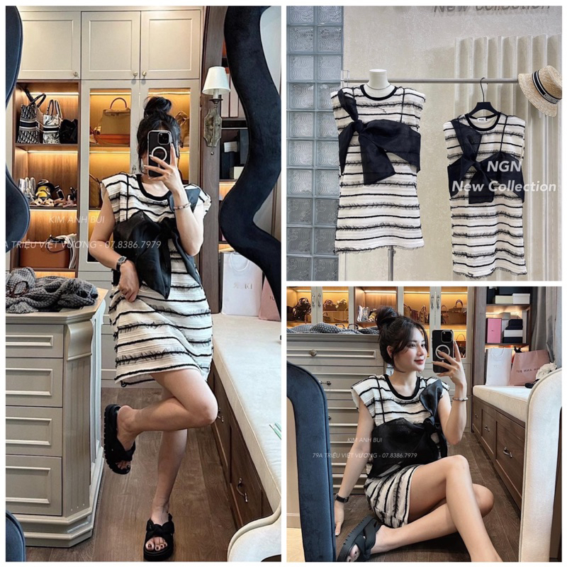 Váy xuông độn vai đính nơ
