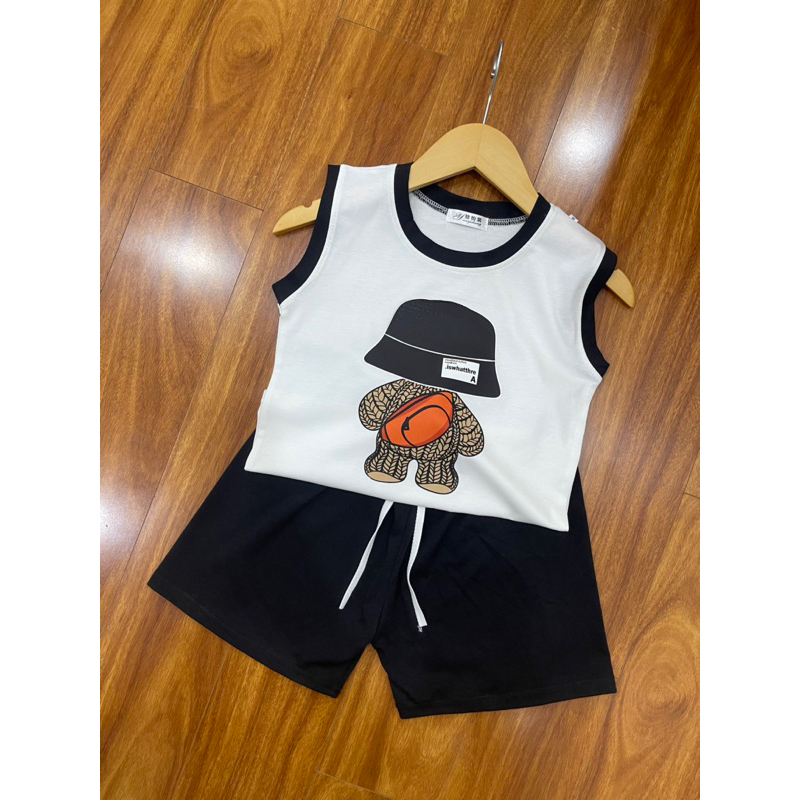 Bộ ba lỗ GẤU ĐỘI MŨ cực ngầu HOTTREND cho bé trai bé gái 6-30kg Cotton