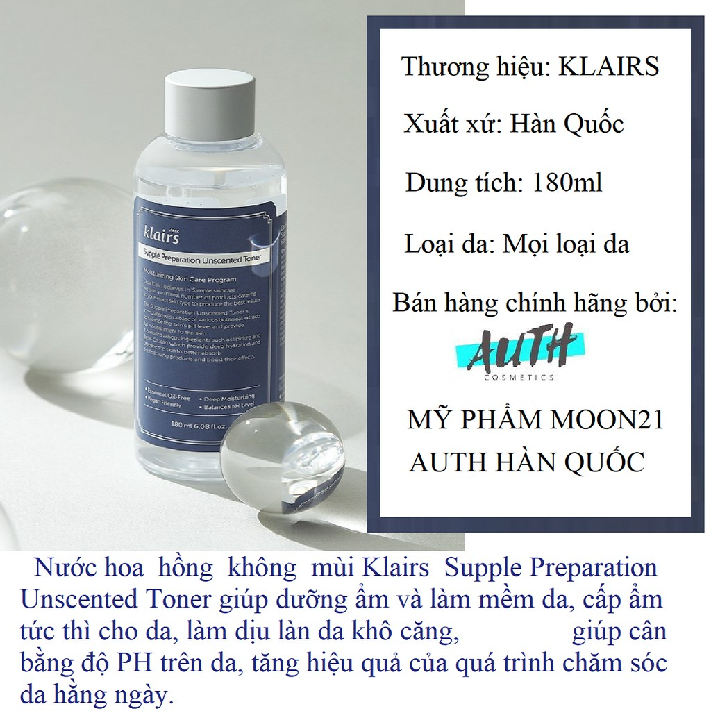 Toner Klairs 180ml phục hồi da dưỡng da trắng sáng giúp giảm mụn cấp ẩm hiệu quả