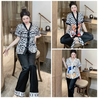 Pijama cổ chữ y lụa xước ánh kim