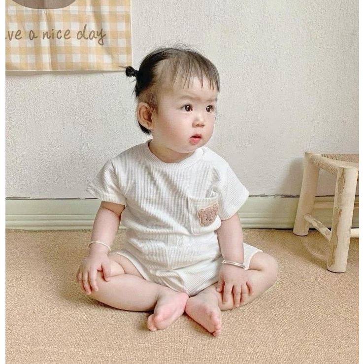 Bộ cộc tay thun gân thêu gấu túi thật