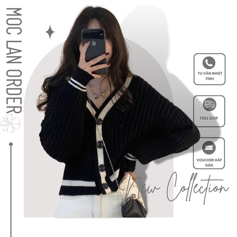 (MộcLan ORDER) Áo len nữ dày tay dài cổ V màu trắng, đen chất đẹp hàng quảng châu thời trang thu đông kiểu 2020