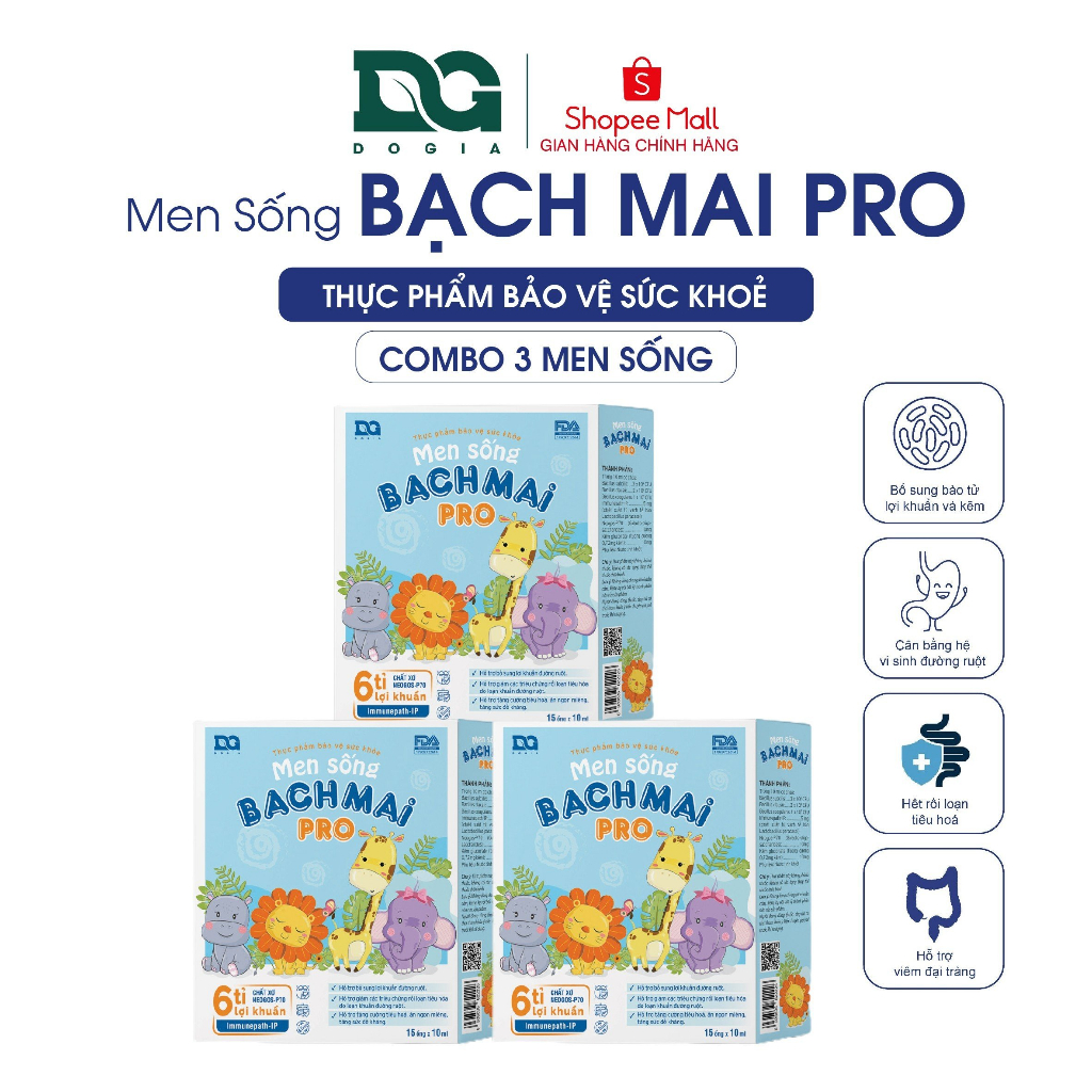 Combo 3 men sống Bạch Mai Pro Đỗ Gia 6 tỉ lợi khuẩn men vi sinh hệ tiêu hóa hộp 15 ống