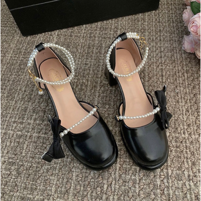 Giày cao gót nữ mũi tròn đế vuông 8cm dây ngọc phối nơ mẫu mới nhất phong cách tiểu thư nhẹ nhàng hàng QC cao cấp