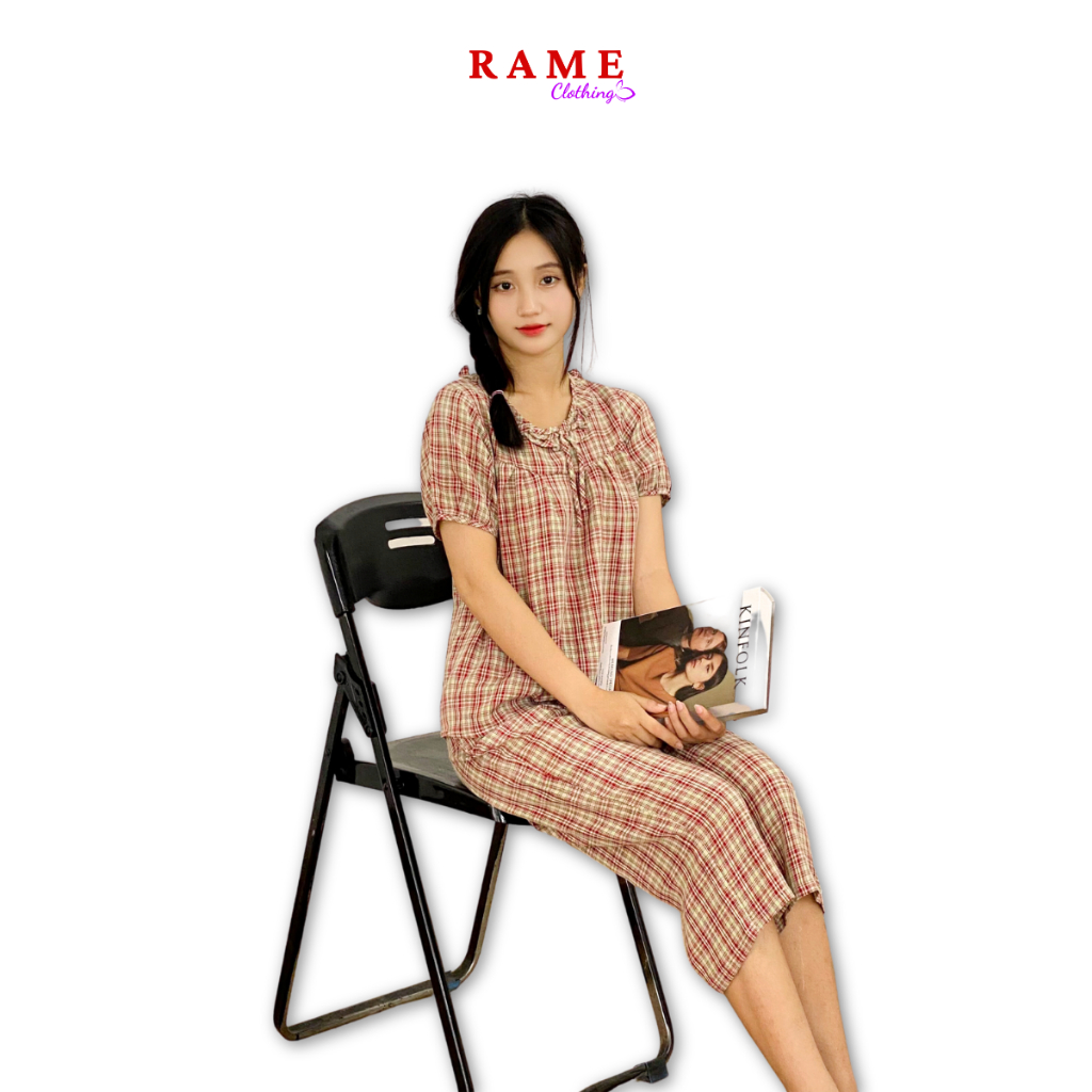 Đồ bộ Nữ mặc nhà Pijama cộc tay quần lửng RAME Màu kẻ đỏ xám Chất liệu vải Thô boi Mềm mại Thoáng mát