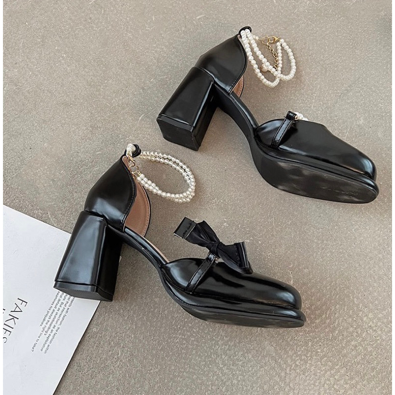 Giày cao gót nữ mũi tròn đế vuông 8cm dây ngọc phối nơ mẫu mới nhất phong cách tiểu thư nhẹ nhàng hàng QC cao cấp