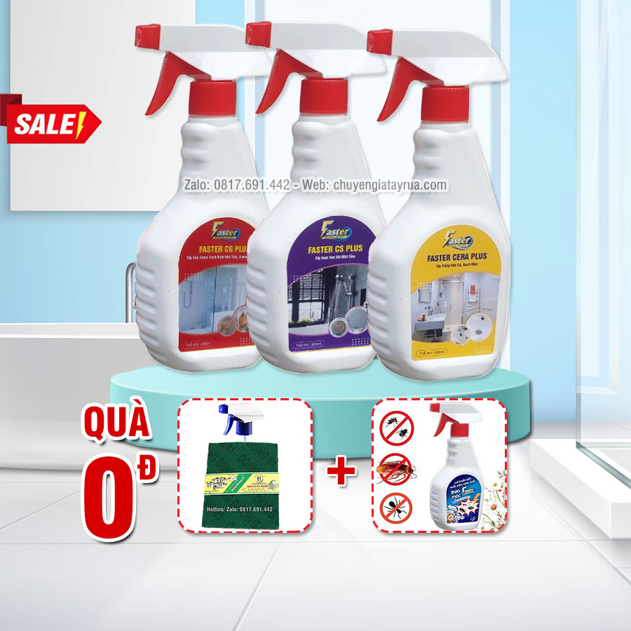(Siêu Sạch) Combo Nhà Tắm: Tẩy Cặn Canxi Trên Kính, Tẩy Trắng Bồn Sứ & Tẩy Inox Bám Cặn, Ố Gỉ Faster 500ml