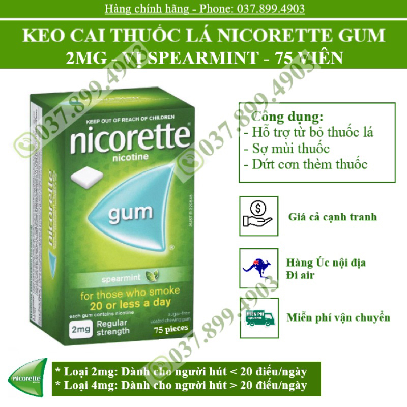 KẸO CAI THUỐ.C LÁ NICORETTE GUM 4MG -2MG CÁC LOẠI