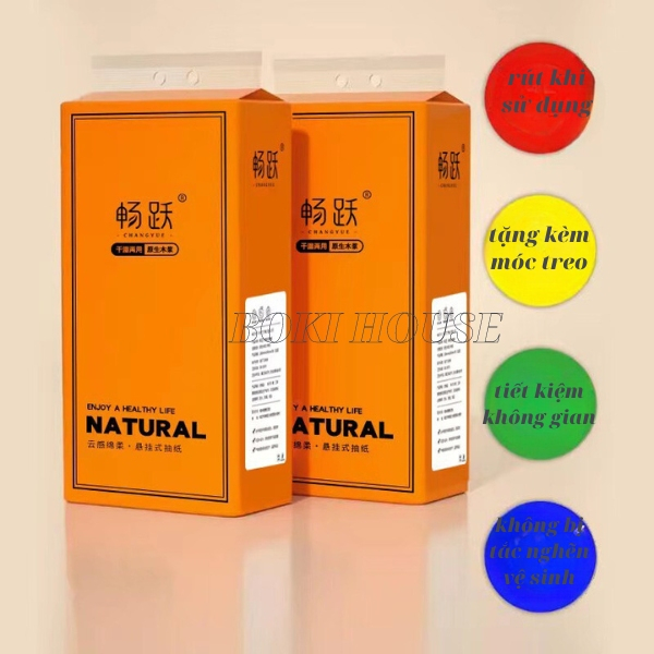 Giấy treo tường thùng 4 túi 1 túi 1360 tờ tặng móc treo, túi giấy vệ sinh treo tường 4 lớp bột gỗ nguyên sinh BOKI HOUSE