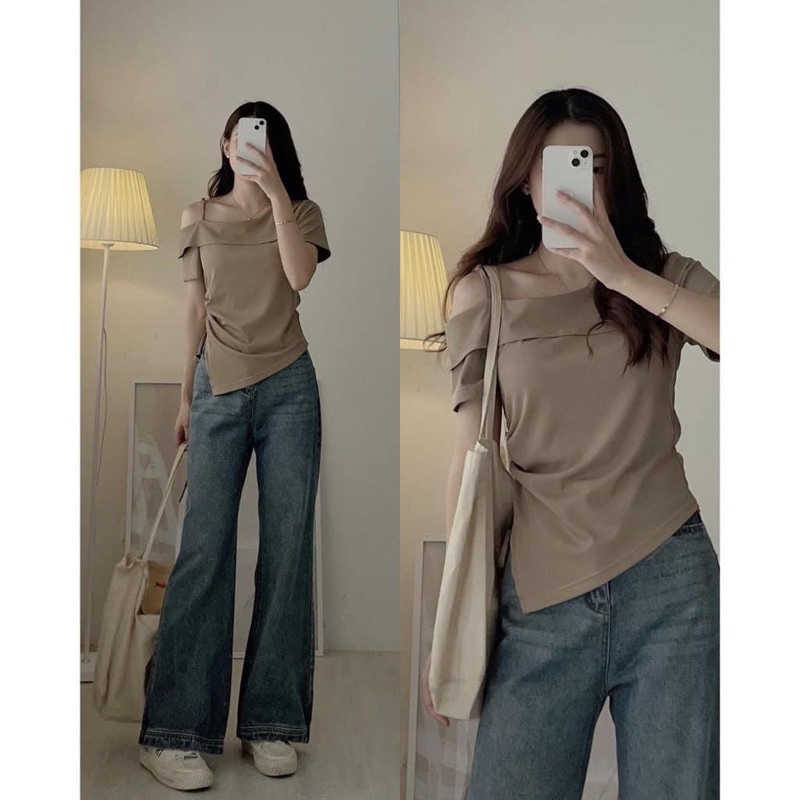 Áo dây rớt vai rút dây hông áo kiểu xinh xắn chất cotton zip