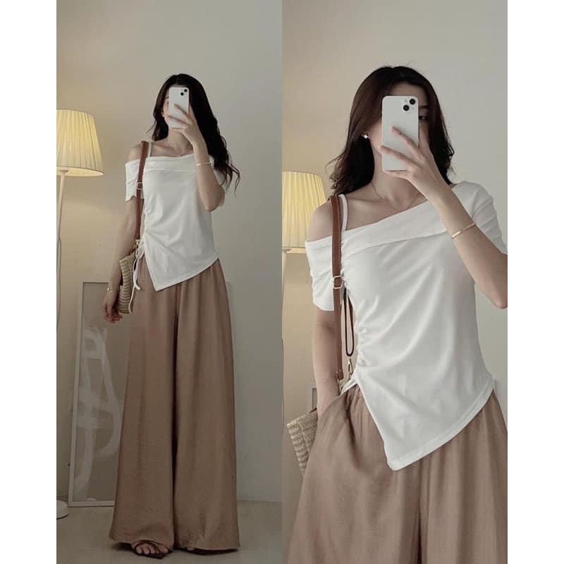 Áo dây rớt vai rút dây hông áo kiểu xinh xắn chất cotton zip