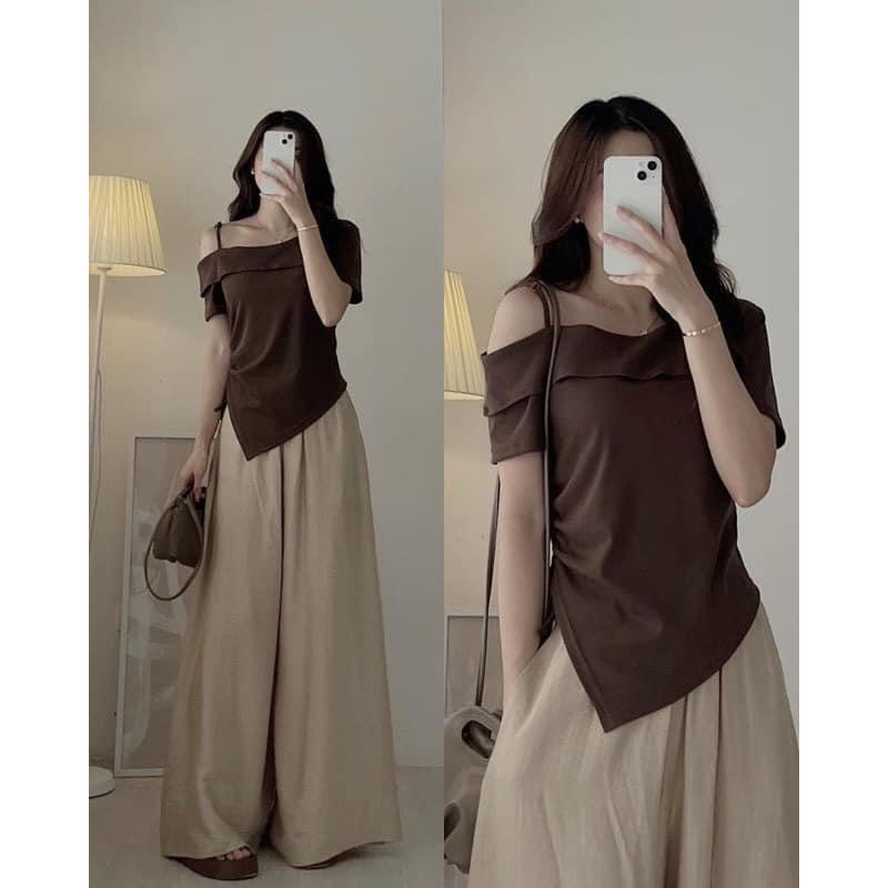 Áo dây rớt vai rút dây hông áo kiểu xinh xắn chất cotton zip