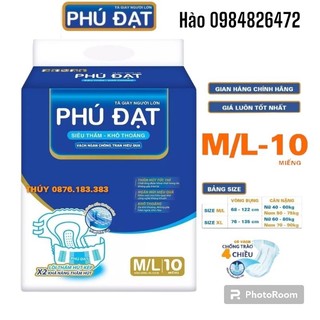 Tã dán người lớn 10 miếng PHÚ ĐẠT có vách chống tràn 2 bên size M /L từ 40_80kg dùng siêu thấm kháng khuẩn 68_120cm