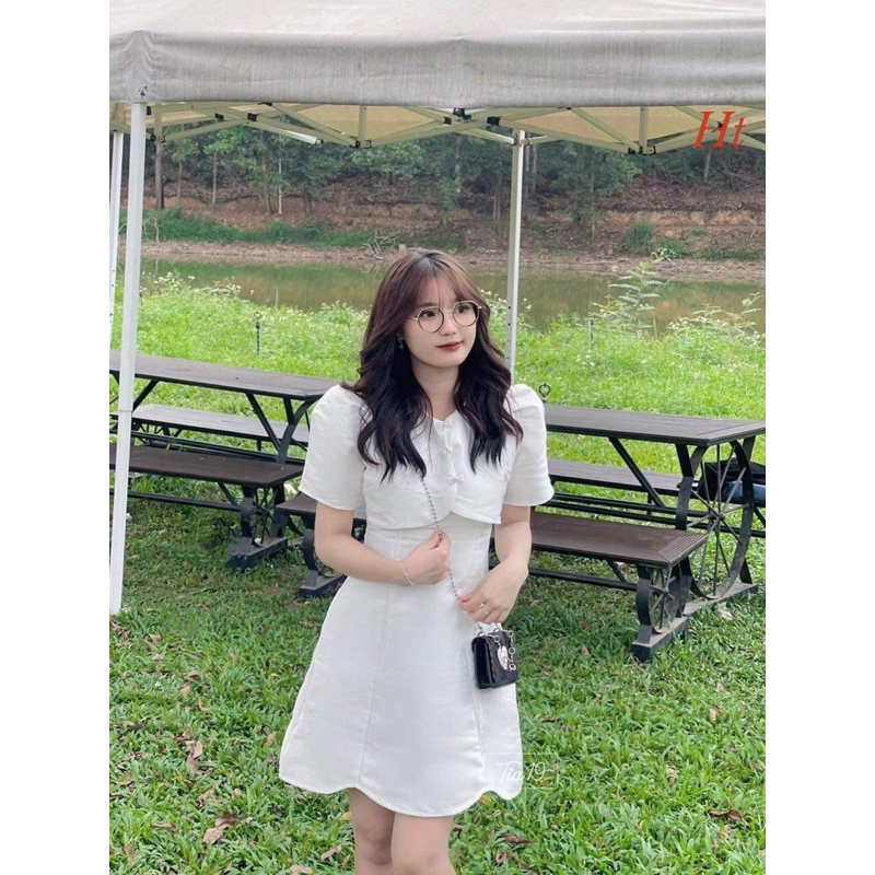 Váy trắng đính nơ đá lượn gấu HT12