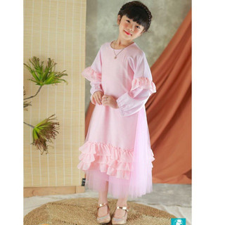 Set áo dài linen phối 3 tầng tơ hồng ADMAY cho bé gái