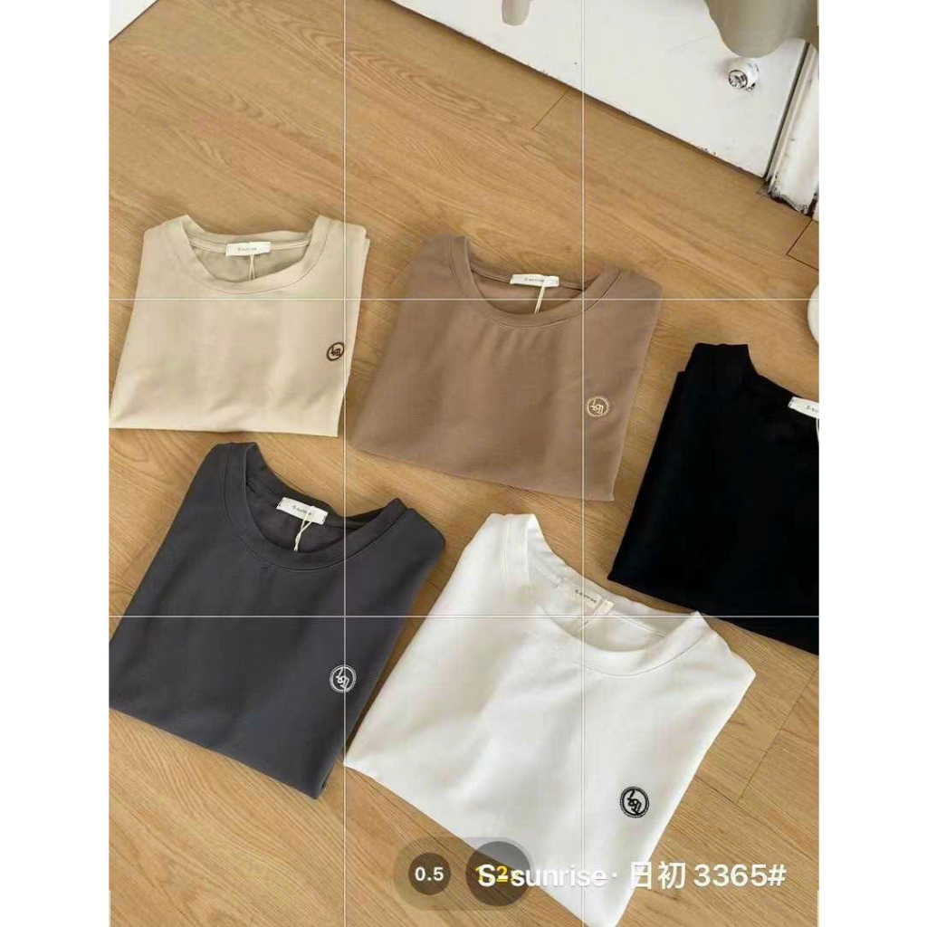 Áo phông suông hãng S- Sunrise cổ tròn tay gập gấu thêu logo
