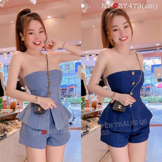 Set jeans cúp ngực xẻ tà đính nút phối quần đùi