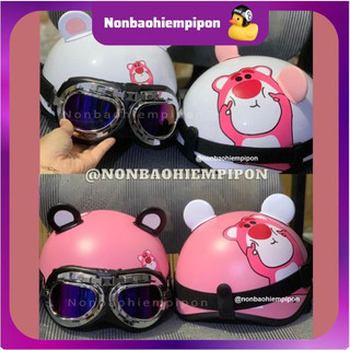 Nón bảo hiểm nửa đầu kính phi công gấu dâu gấu nâu cute cao cấp , nón bảo hiểm gấu dâu kính phi công kèm tai gấu tai mèo