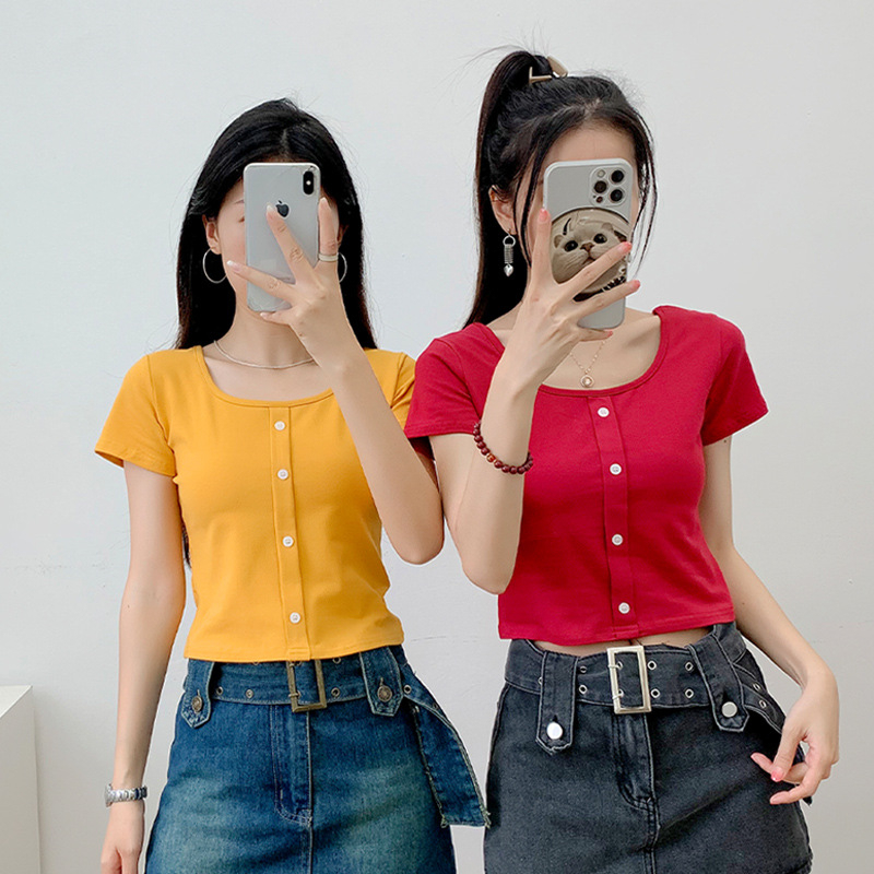 Áo phông nữ thun cotton croptop chất đẹp dáng ôm body cổ vuông cộc tay ngắn Hàn quốc cao cấp mềm mịn thoáng khí AP10