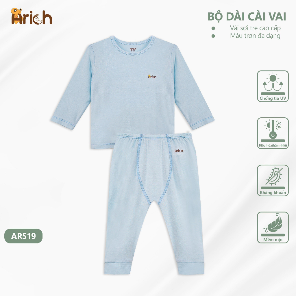 Bộ quần áo dài cài vai Arich vải sợi tre màu trơn từ 6 tháng đến 6 tuổi