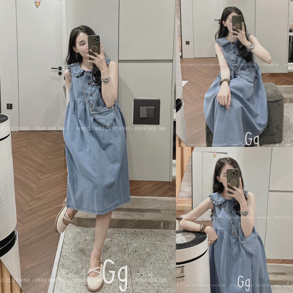 Đầm váy jeans nữ form babydoll xòe cổ bèo đính nút xinh xắn dành cho các nàng diện đi chơi, hẹn hò siêu xinh