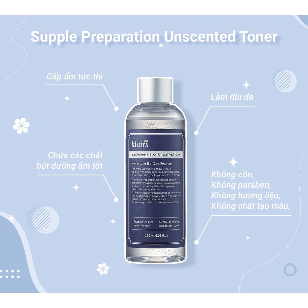 Nước hoa hồng Dear Klairs Supple Preparation Unscented Toner 180ml