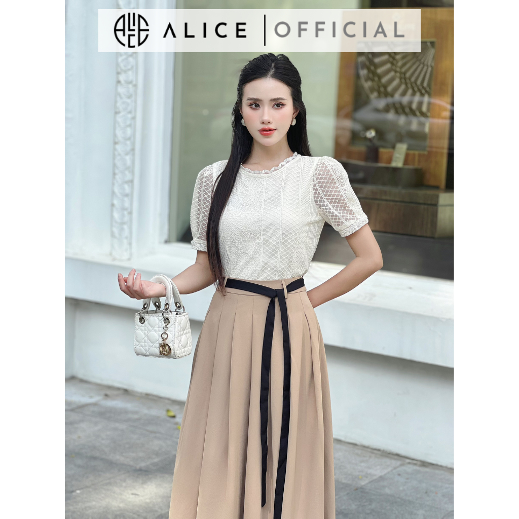 Set Đồ Nữ Công Sở Áo Ren Phối Chân Váy Dài Xếp Ly ALICE Tặng Kèm Đai Vải Thanh Lịch, Nhẹ Nhàng Đi Chơi Đi Làm S307